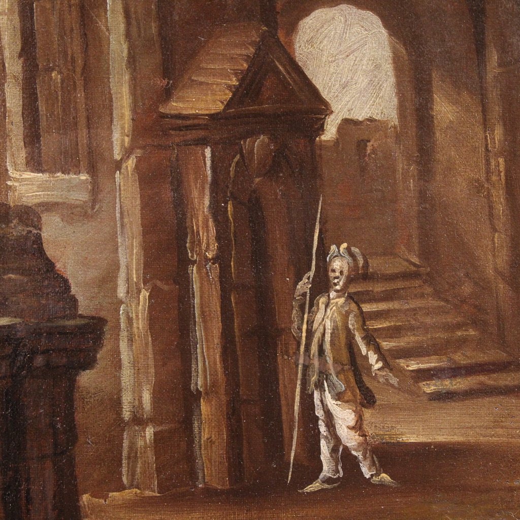 Antico dipinto italiano del XVIII secolo, Capriccio architettonico con figure-photo-7
