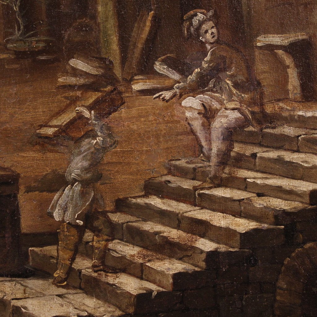 Antico dipinto italiano del XVIII secolo, Capriccio architettonico con figure-photo-8