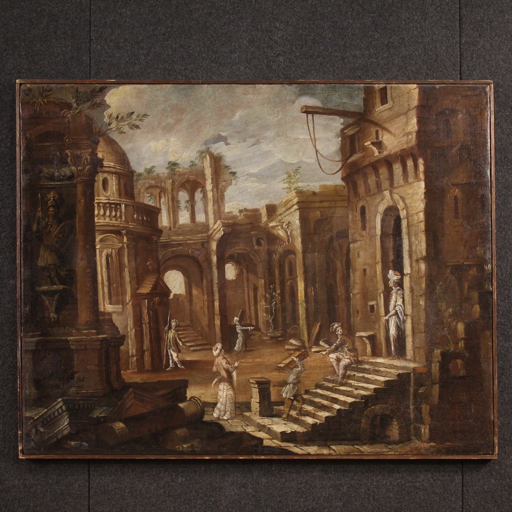 Antico dipinto italiano del XVIII secolo, Capriccio architettonico con figure