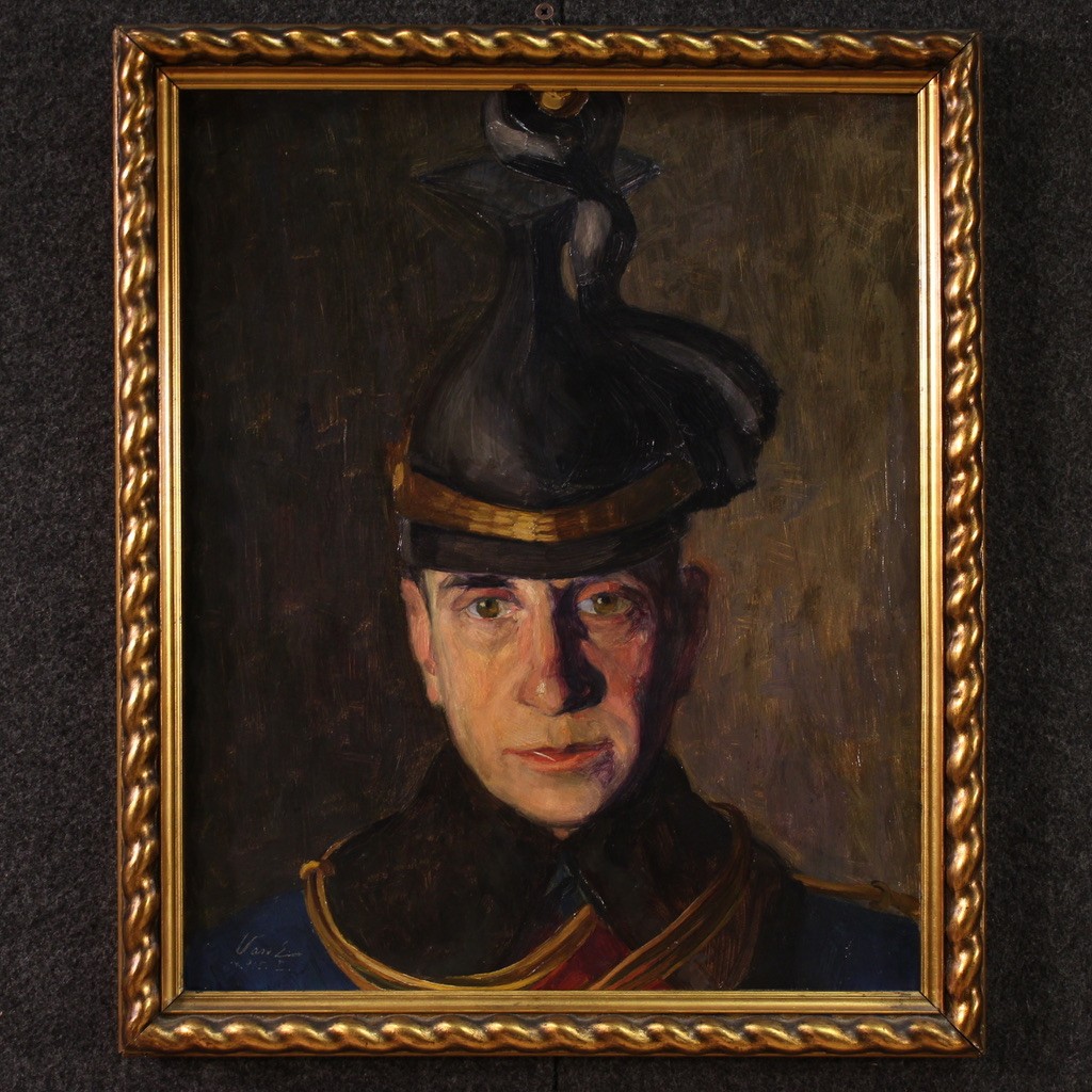 Dipinto ritratto di militare firmato Vass E. e datato 1915