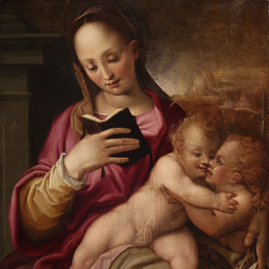 Dipinto su tavola del XVI, Madonna col bambino e San Giovannino-photo-2