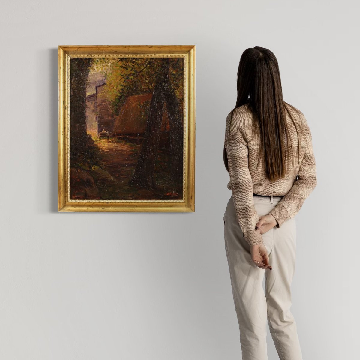 Dipinto italiano impressionista veduta di campagna con personaggi firmato E. Morteo-photo-2