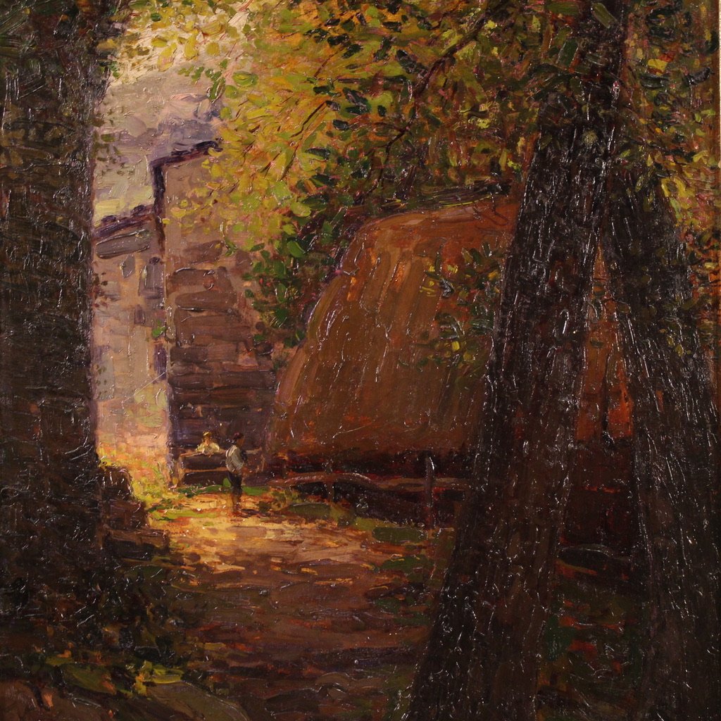 Dipinto italiano impressionista veduta di campagna con personaggi firmato E. Morteo-photo-3