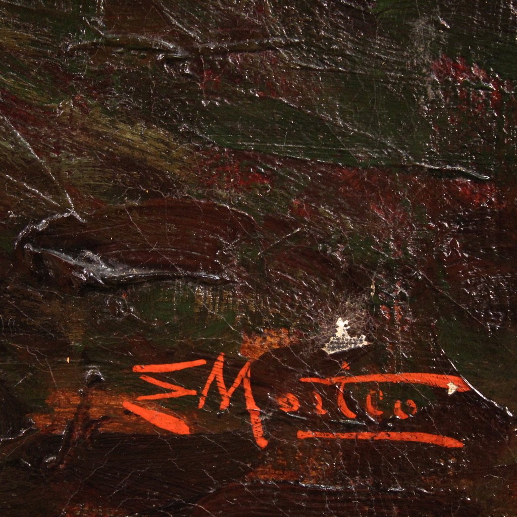 Dipinto italiano impressionista veduta di campagna con personaggi firmato E. Morteo-photo-2