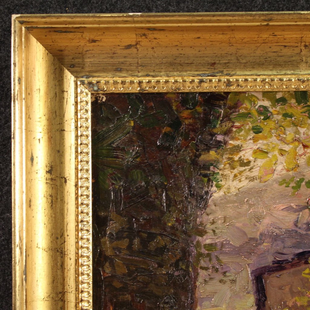 Dipinto italiano impressionista veduta di campagna con personaggi firmato E. Morteo-photo-4