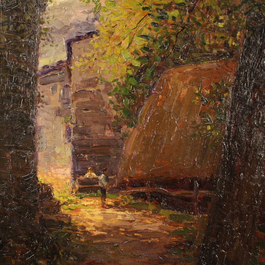 Dipinto italiano impressionista veduta di campagna con personaggi firmato E. Morteo-photo-6