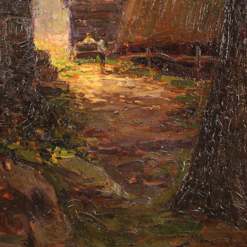Dipinto italiano impressionista veduta di campagna con personaggi firmato E. Morteo-photo-7