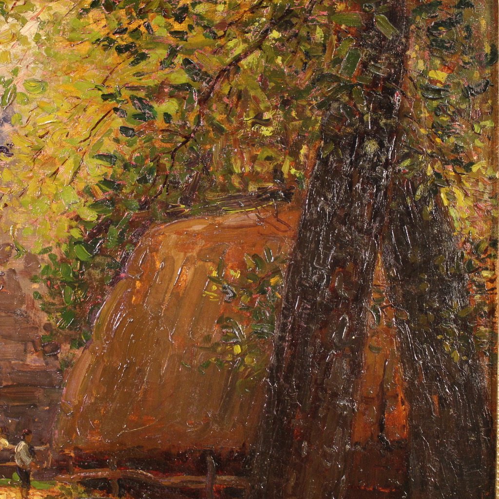 Dipinto italiano impressionista veduta di campagna con personaggi firmato E. Morteo-photo-8