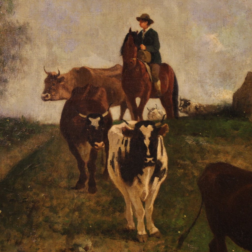 Antico dipinto italiano paesaggio firmato e datato 1881-photo-4