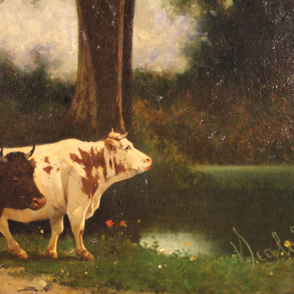 Antico dipinto italiano paesaggio firmato e datato 1881-photo-8