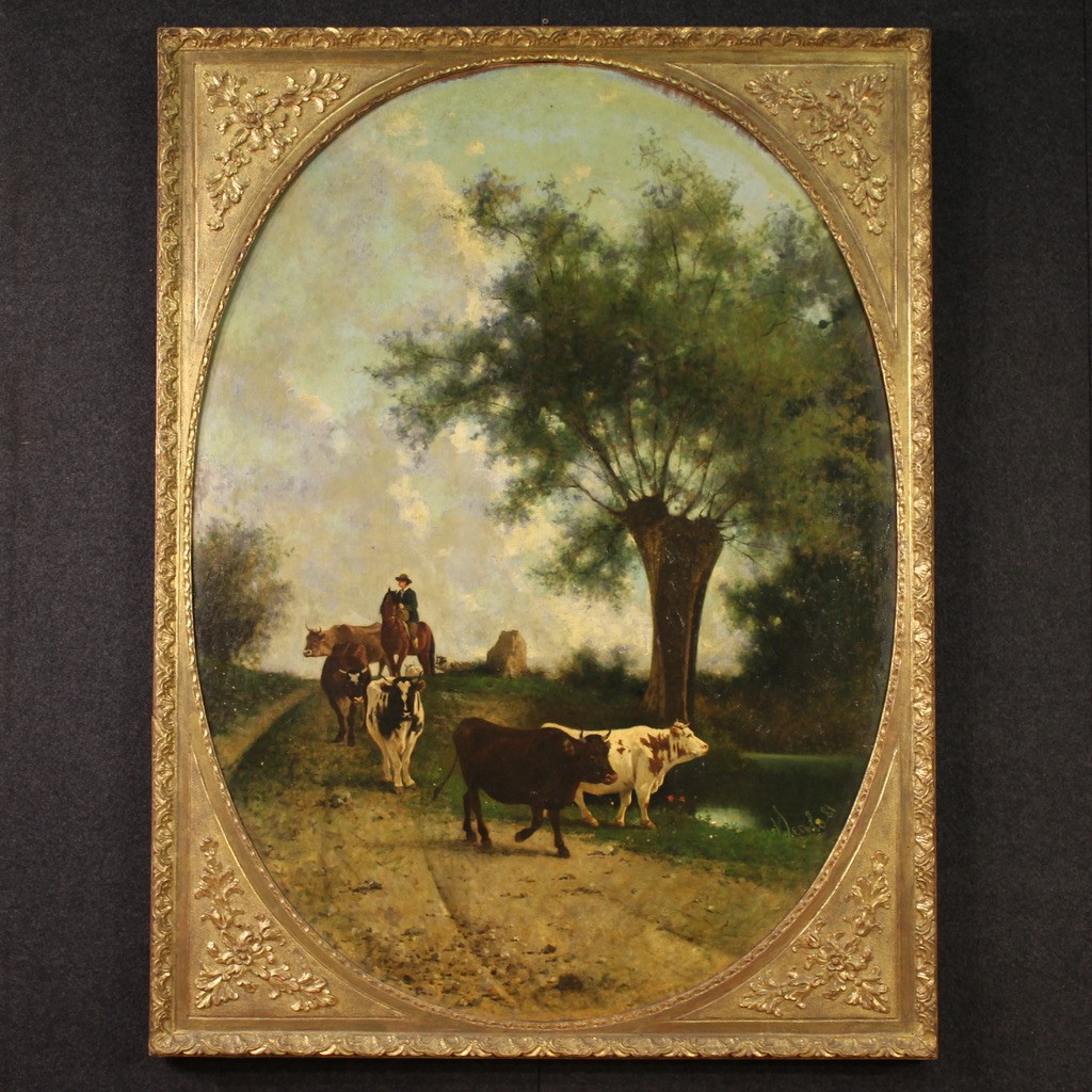 Antico dipinto italiano paesaggio firmato e datato 1881