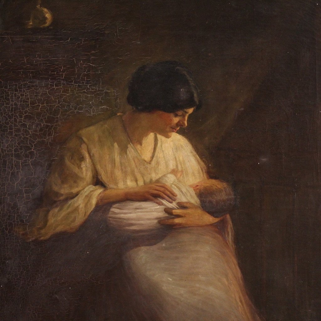 Dipinto spagnolo scena d'interno del XX secolo-photo-3