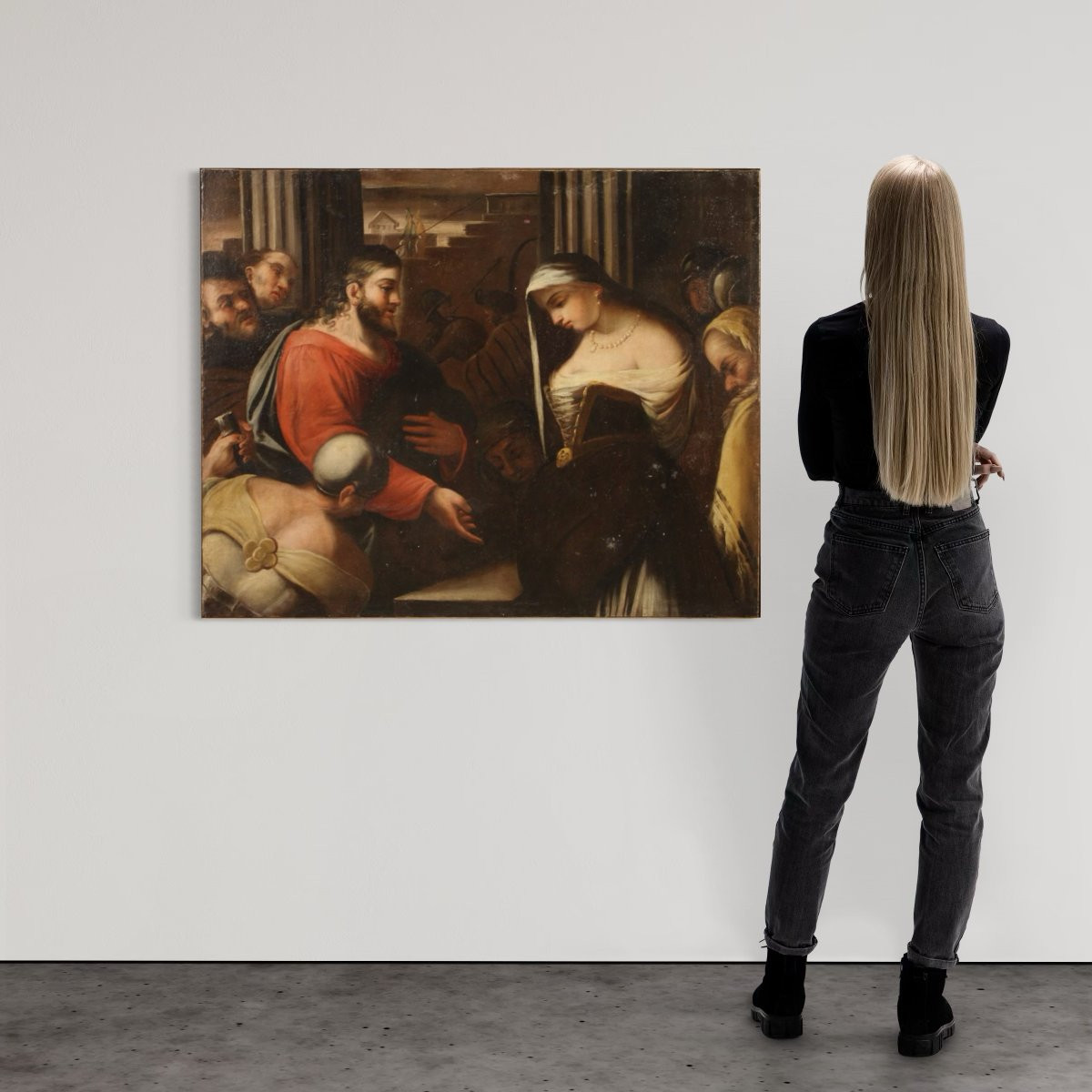 Antico dipinto italiano Cristo e L'adultera del XVIII secolo-photo-3