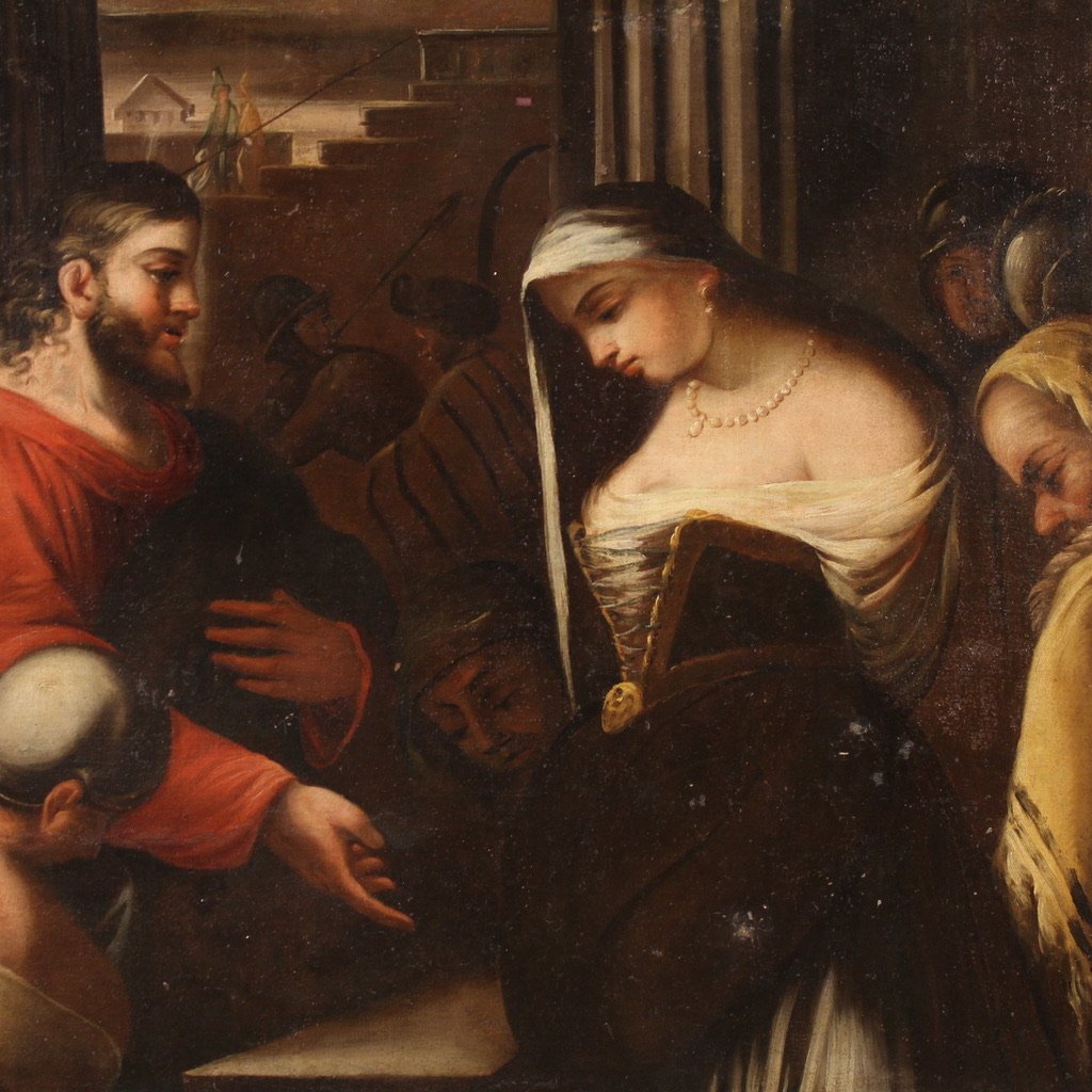 Antico dipinto italiano Cristo e L'adultera del XVIII secolo-photo-4