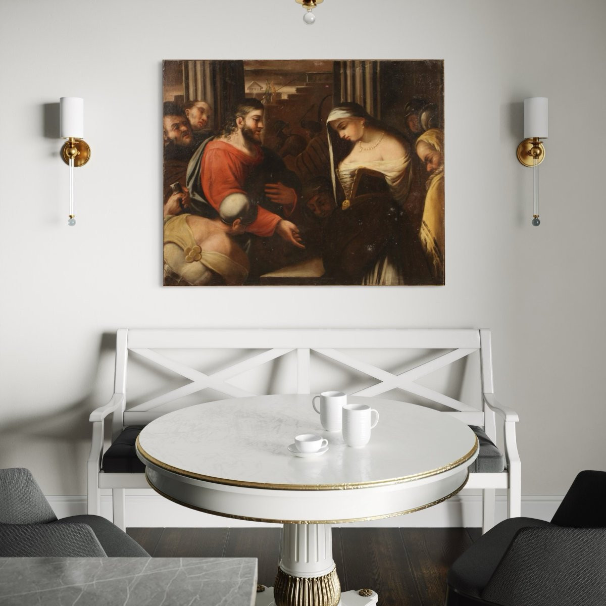 Antico dipinto italiano Cristo e L'adultera del XVIII secolo-photo-1