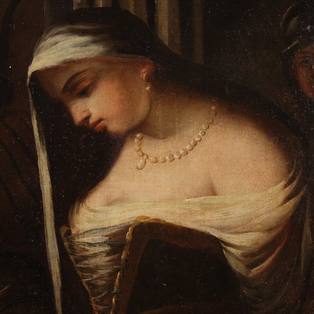 Antico dipinto italiano Cristo e L'adultera del XVIII secolo-photo-8