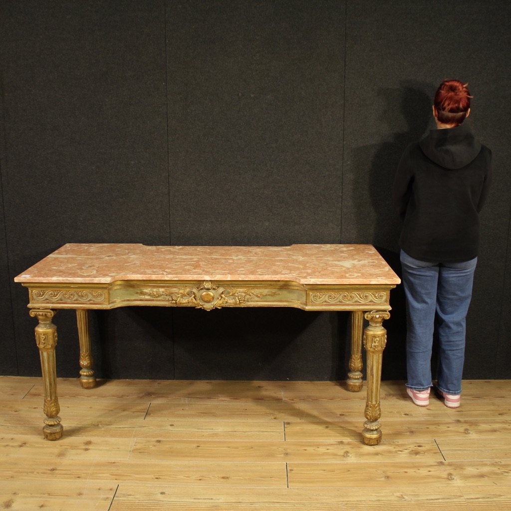 Tavolo console italiano laccato con piano in marmo del XX secolo-photo-4