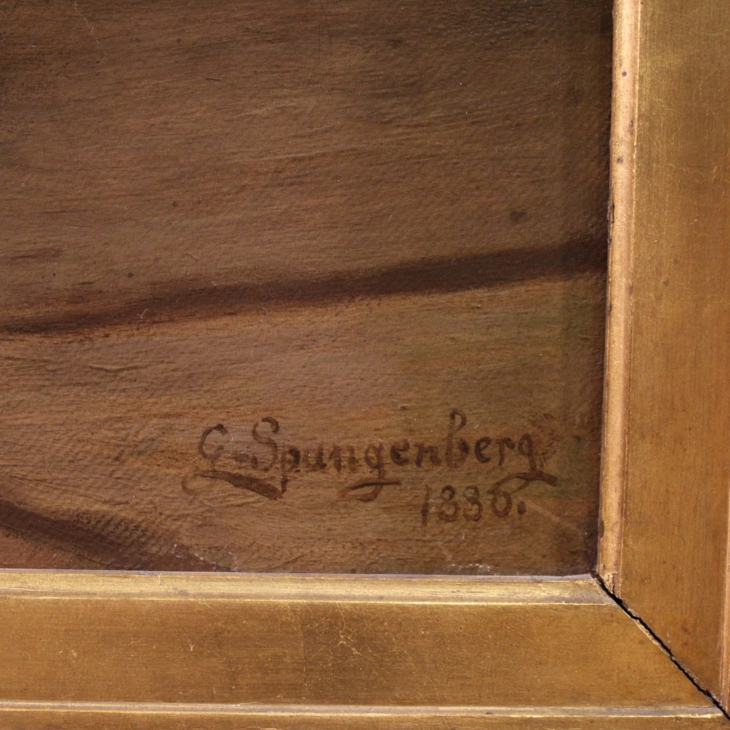 Dipinto firmato G. Spangerberg e datato 1886, scena d'interno-photo-3