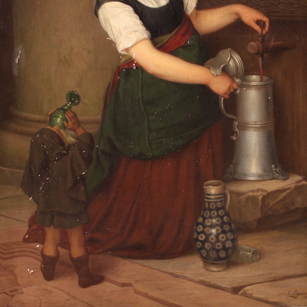 Dipinto firmato G. Spangerberg e datato 1886, scena d'interno-photo-1