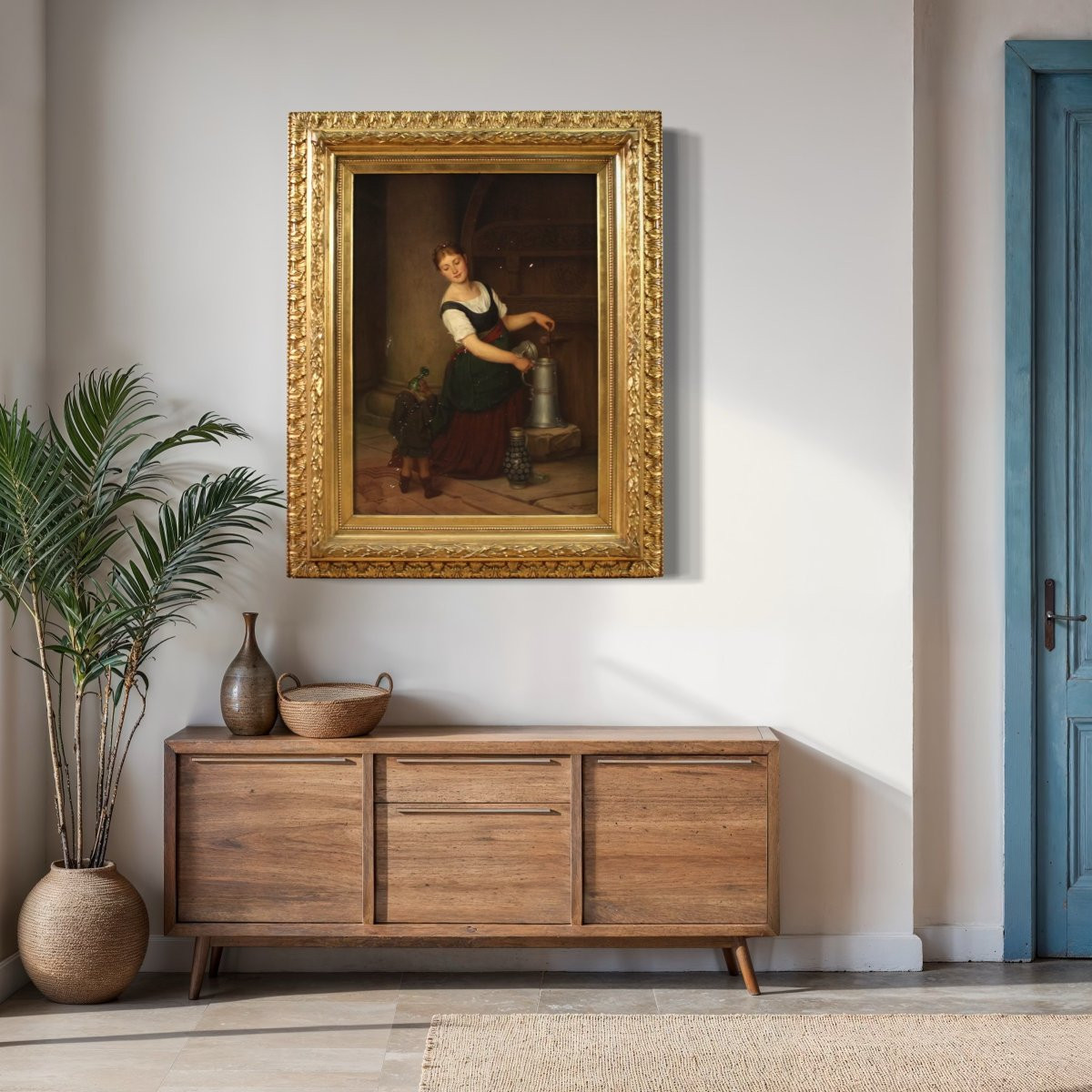 Dipinto firmato G. Spangerberg e datato 1886, scena d'interno-photo-2