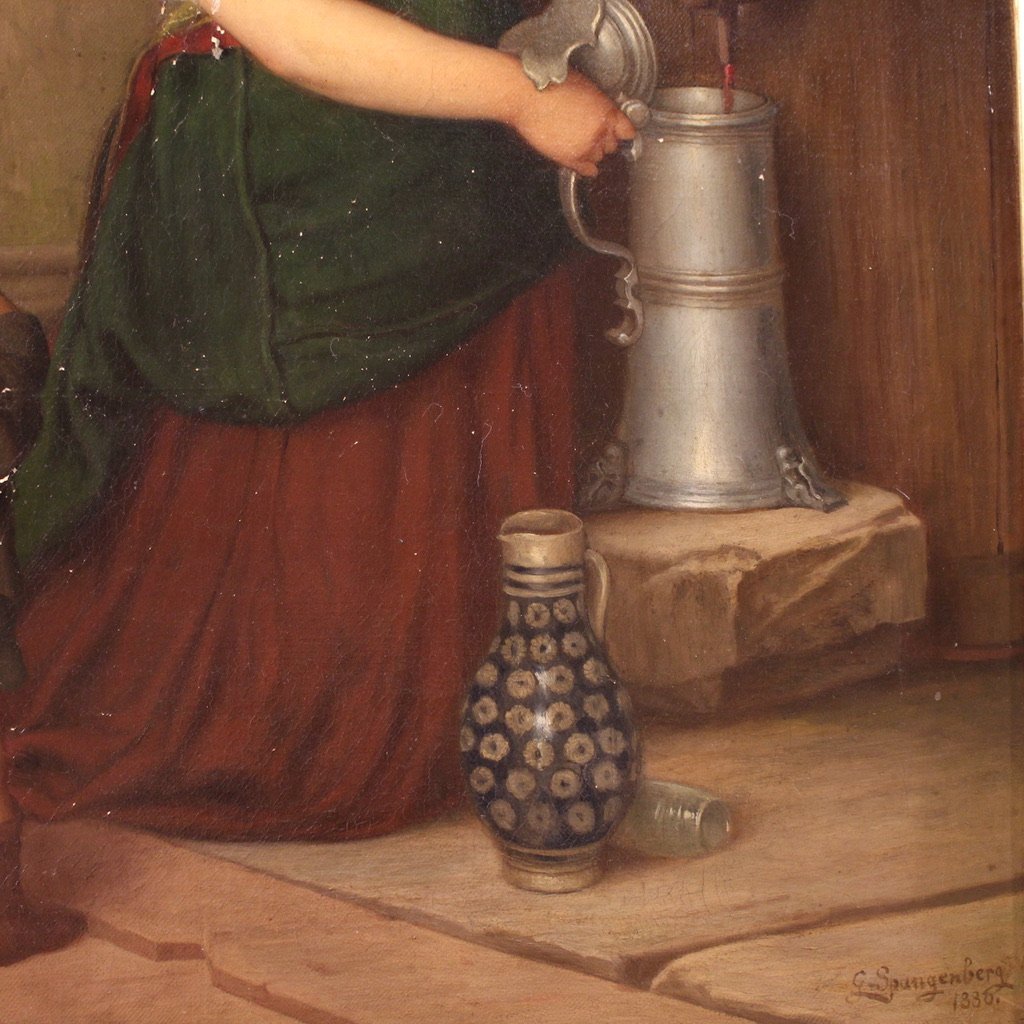 Dipinto firmato G. Spangerberg e datato 1886, scena d'interno-photo-8