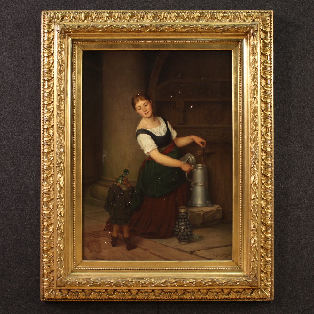 Dipinto firmato G. Spangerberg e datato 1886, scena d'interno