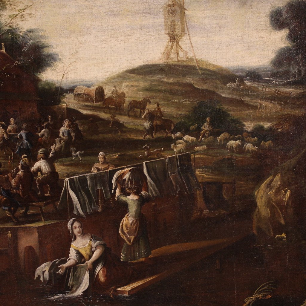Grande dipinto paesaggio fiammingo del XVII secolo, festa del villaggio-photo-7