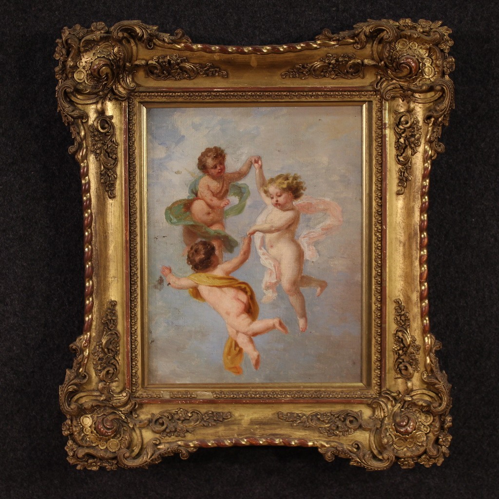 Dipinto italiano gioco di putti del XIX secolo