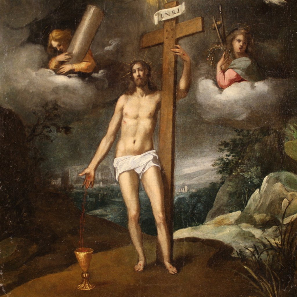 Antico dipinto italiano religioso Cristo risorto del XVII secolo-photo-3