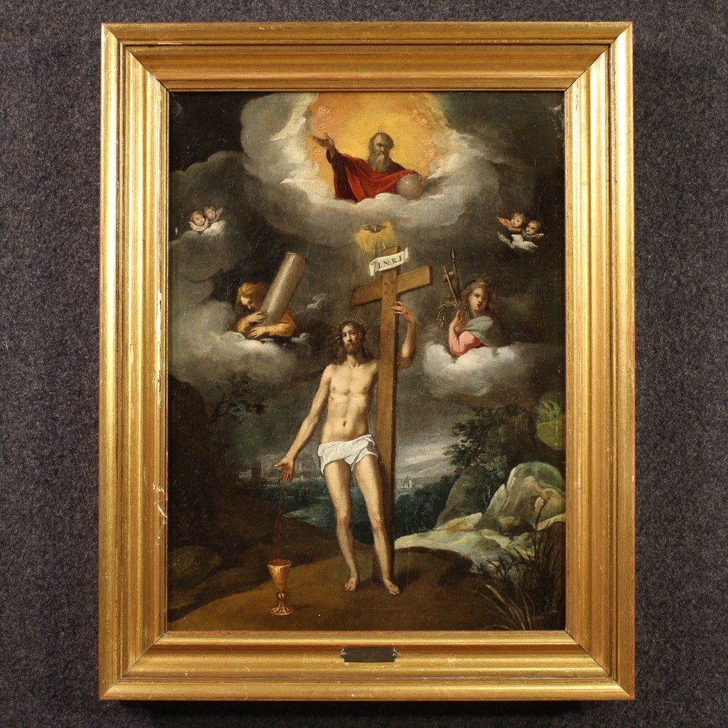 Antico dipinto italiano religioso Cristo risorto del XVII secolo