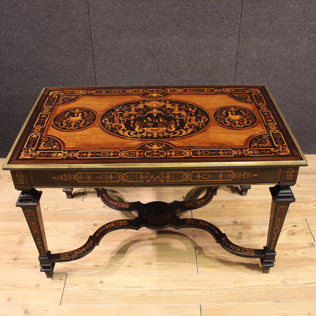 Tavolo scrittoio francese intarsiato del XX secolo-photo-3