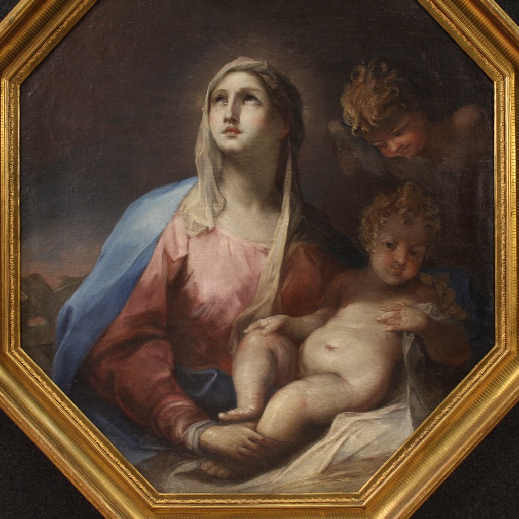Grande dipinto ottagonale del XVIII secolo, Madonna col bambino e cherubino-photo-3
