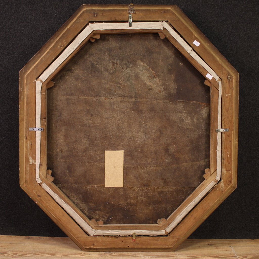 Grande dipinto ottagonale del XVIII secolo, Madonna col bambino e cherubino-photo-2