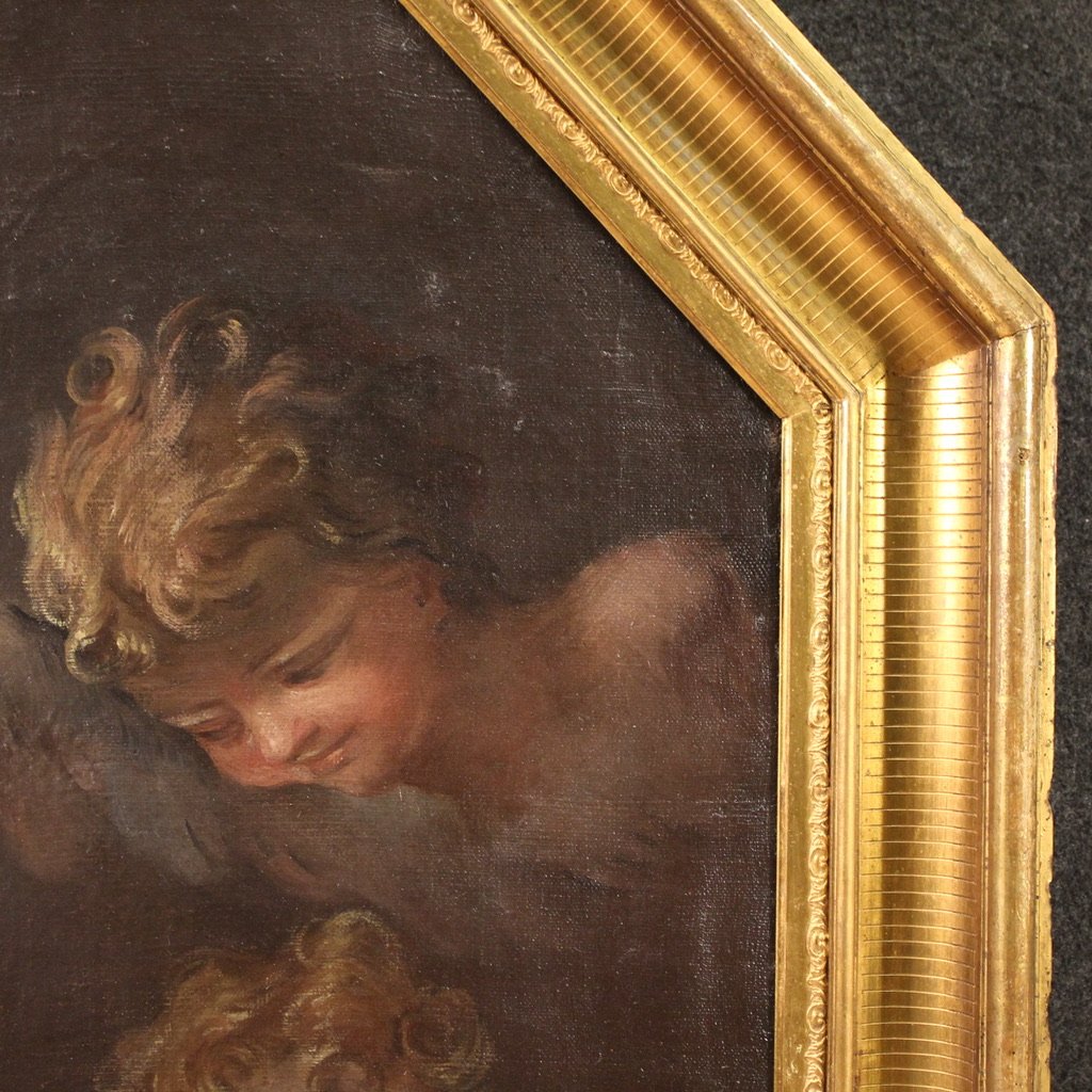 Grande dipinto ottagonale del XVIII secolo, Madonna col bambino e cherubino-photo-4