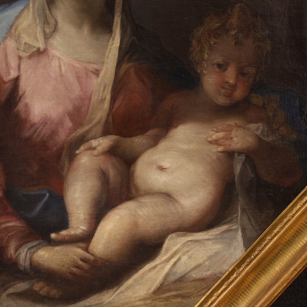 Grande dipinto ottagonale del XVIII secolo, Madonna col bambino e cherubino-photo-6