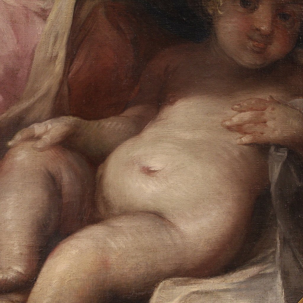 Grande dipinto ottagonale del XVIII secolo, Madonna col bambino e cherubino-photo-7