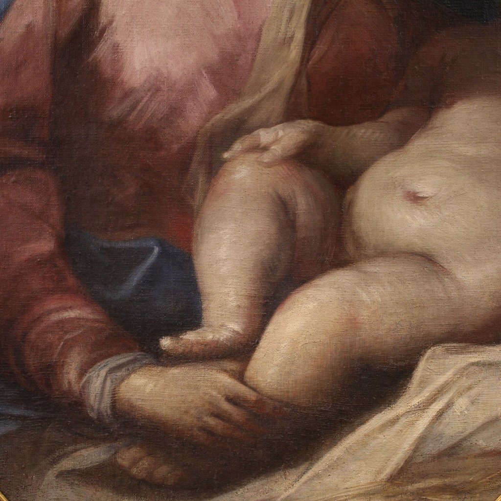 Grande dipinto ottagonale del XVIII secolo, Madonna col bambino e cherubino-photo-8