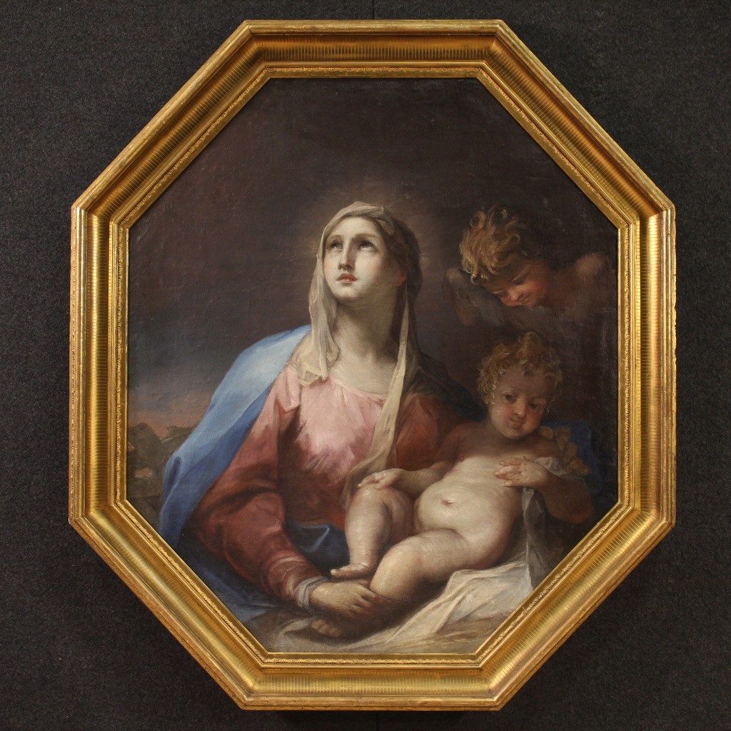 Grande dipinto ottagonale del XVIII secolo, Madonna col bambino e cherubino