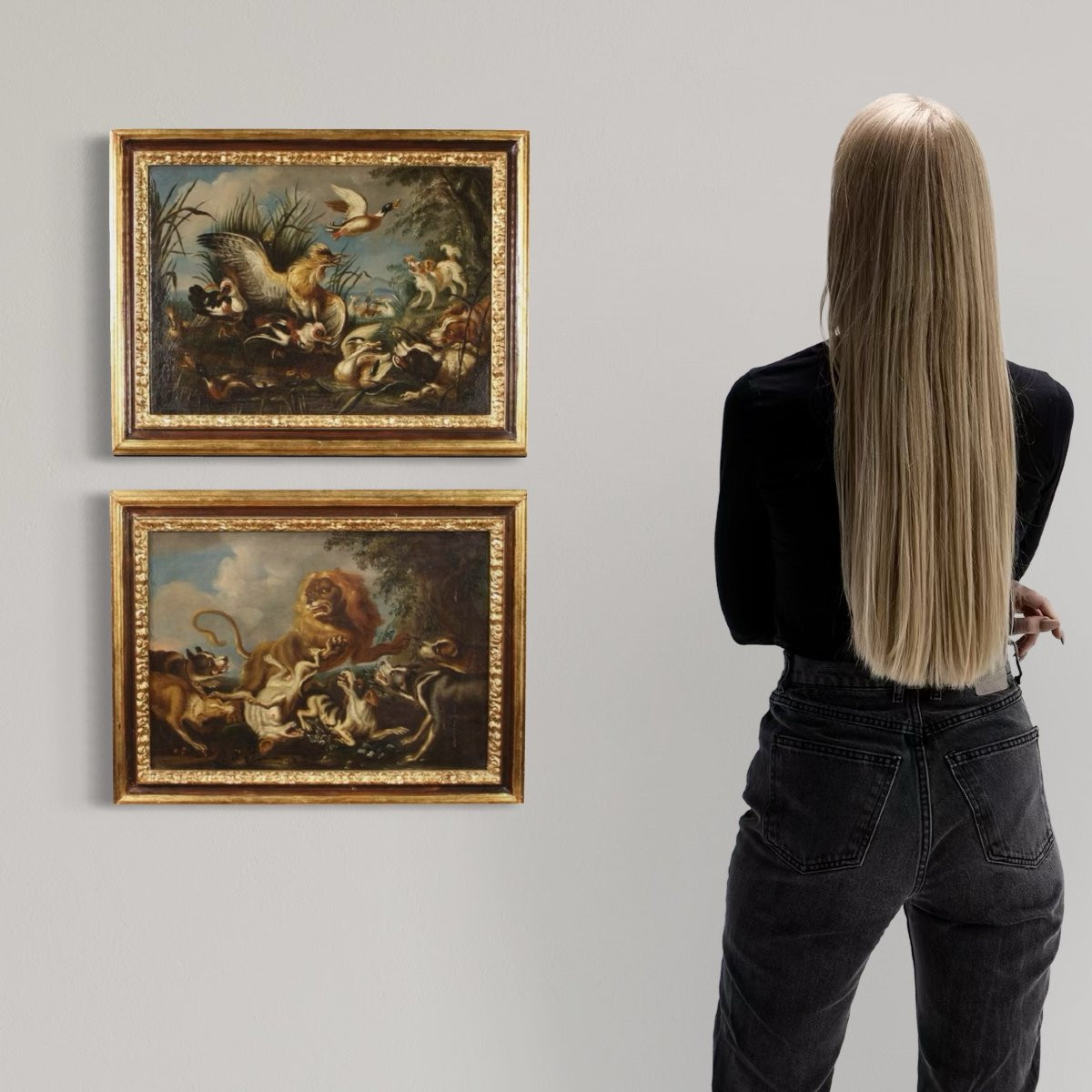 Coppia di dipinti fiamminghi del XVIII, scene di caccia-photo-2