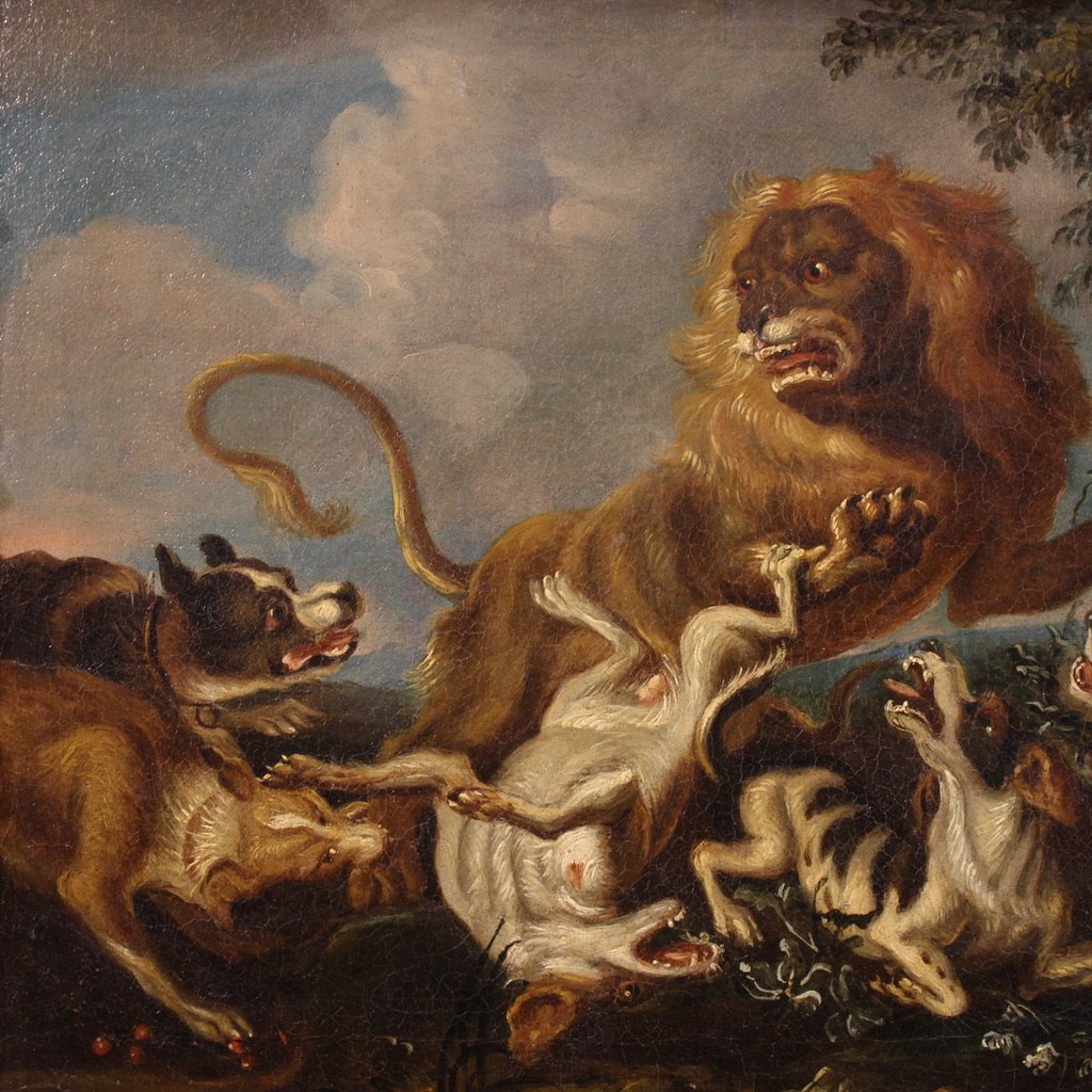 Coppia di dipinti fiamminghi del XVIII, scene di caccia-photo-1