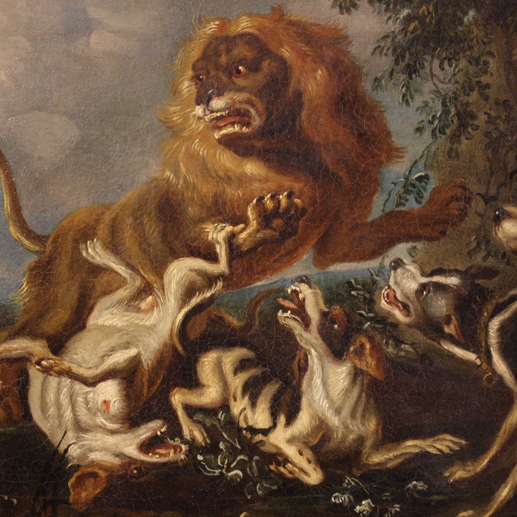 Coppia di dipinti fiamminghi del XVIII, scene di caccia-photo-2