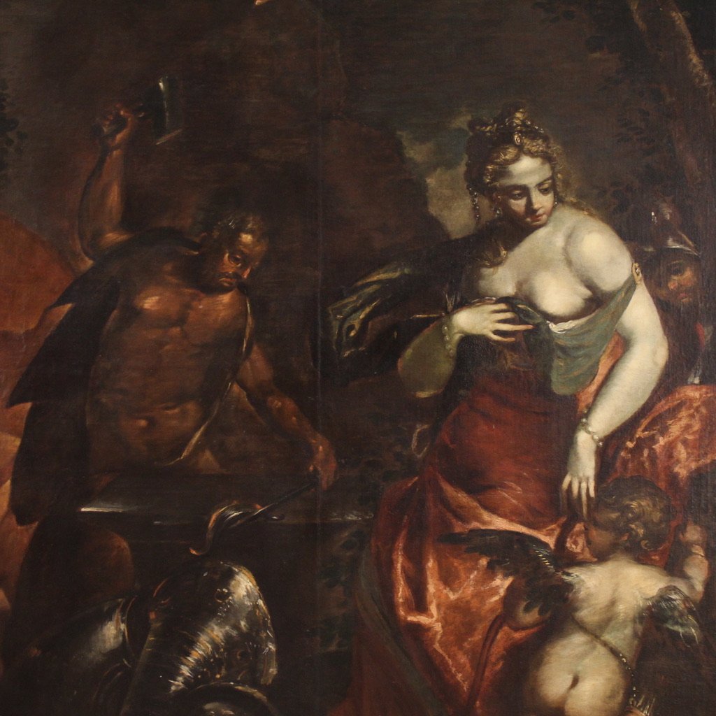 Grande dipinto mitologico del XVII secolo, Venere nella fucina di Vulcano-photo-3