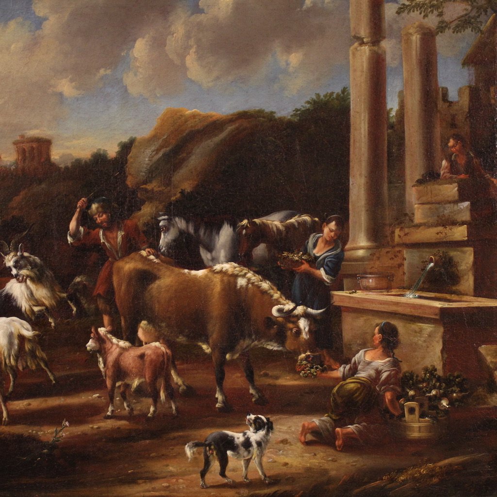 Grande quadro del XVIII, scena pastorale con rovine classiche-photo-3