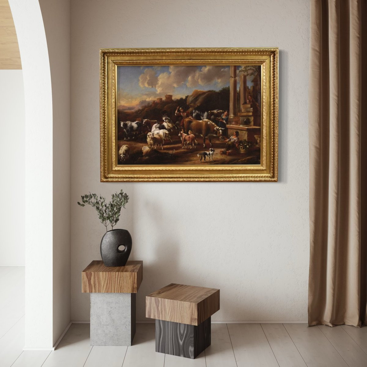 Grande quadro del XVIII, scena pastorale con rovine classiche-photo-4