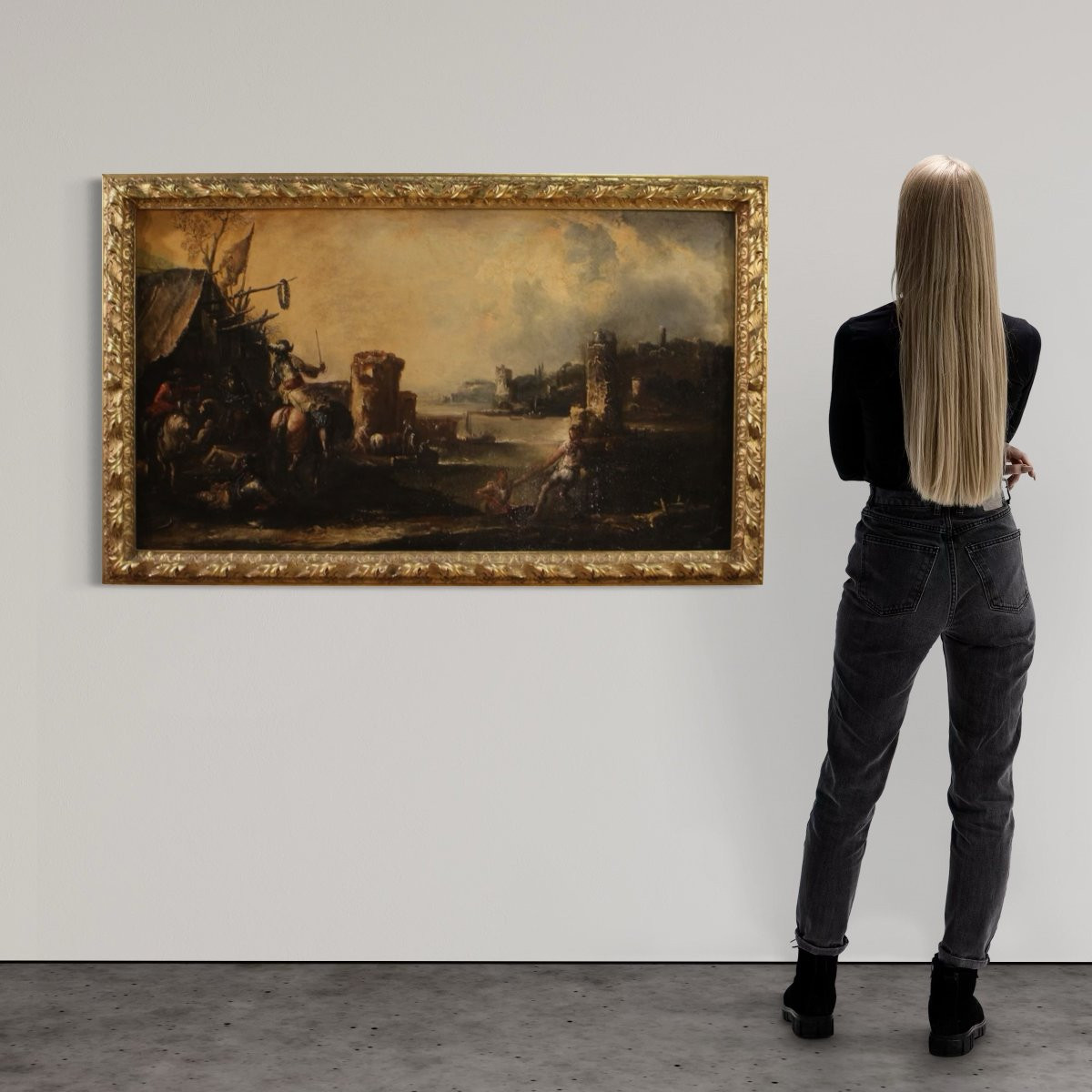 Grande dipinto paesaggio con cavalieri del XVIII secolo-photo-3