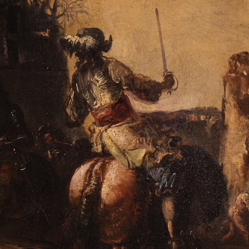 Grande dipinto paesaggio con cavalieri del XVIII secolo-photo-1