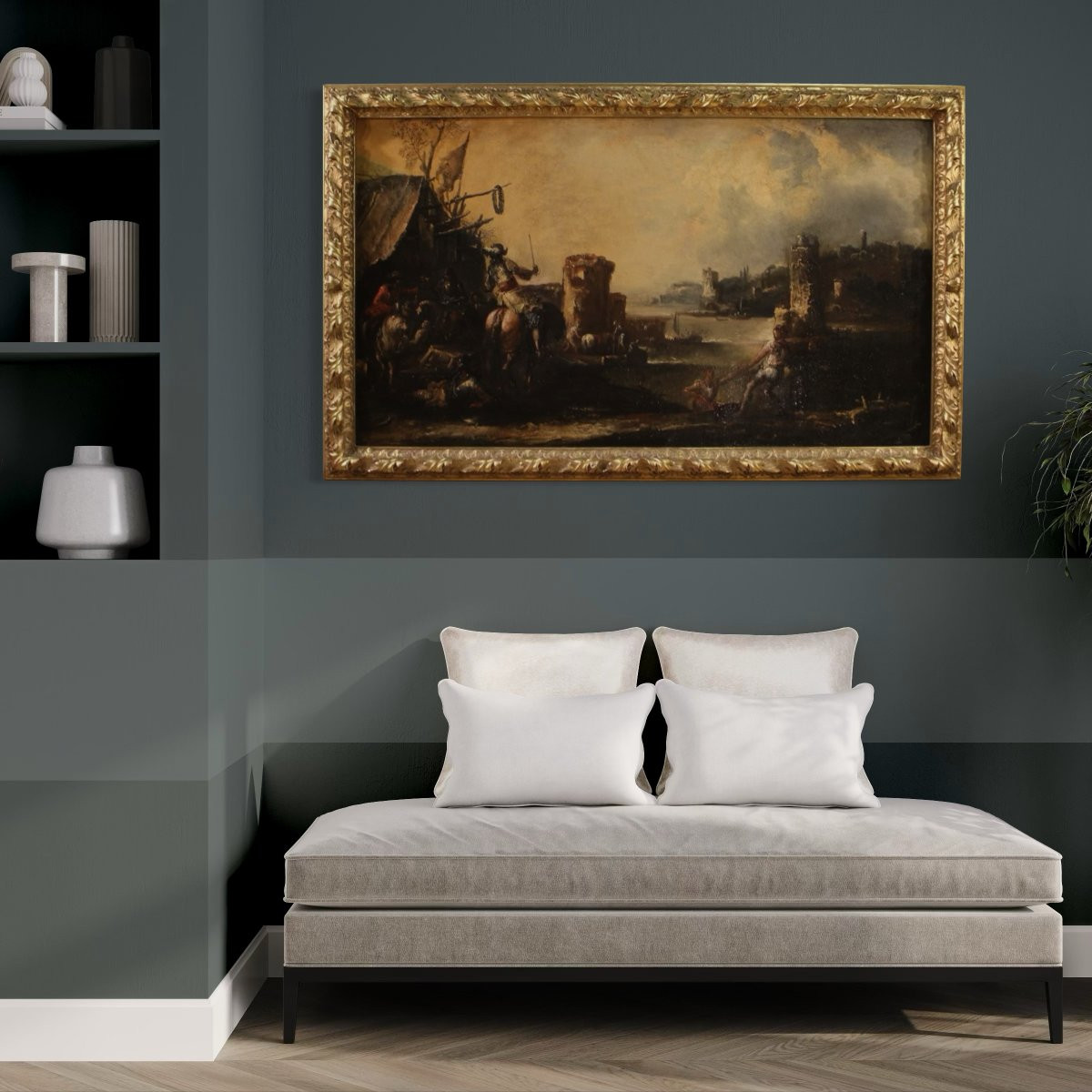 Grande dipinto paesaggio con cavalieri del XVIII secolo-photo-3