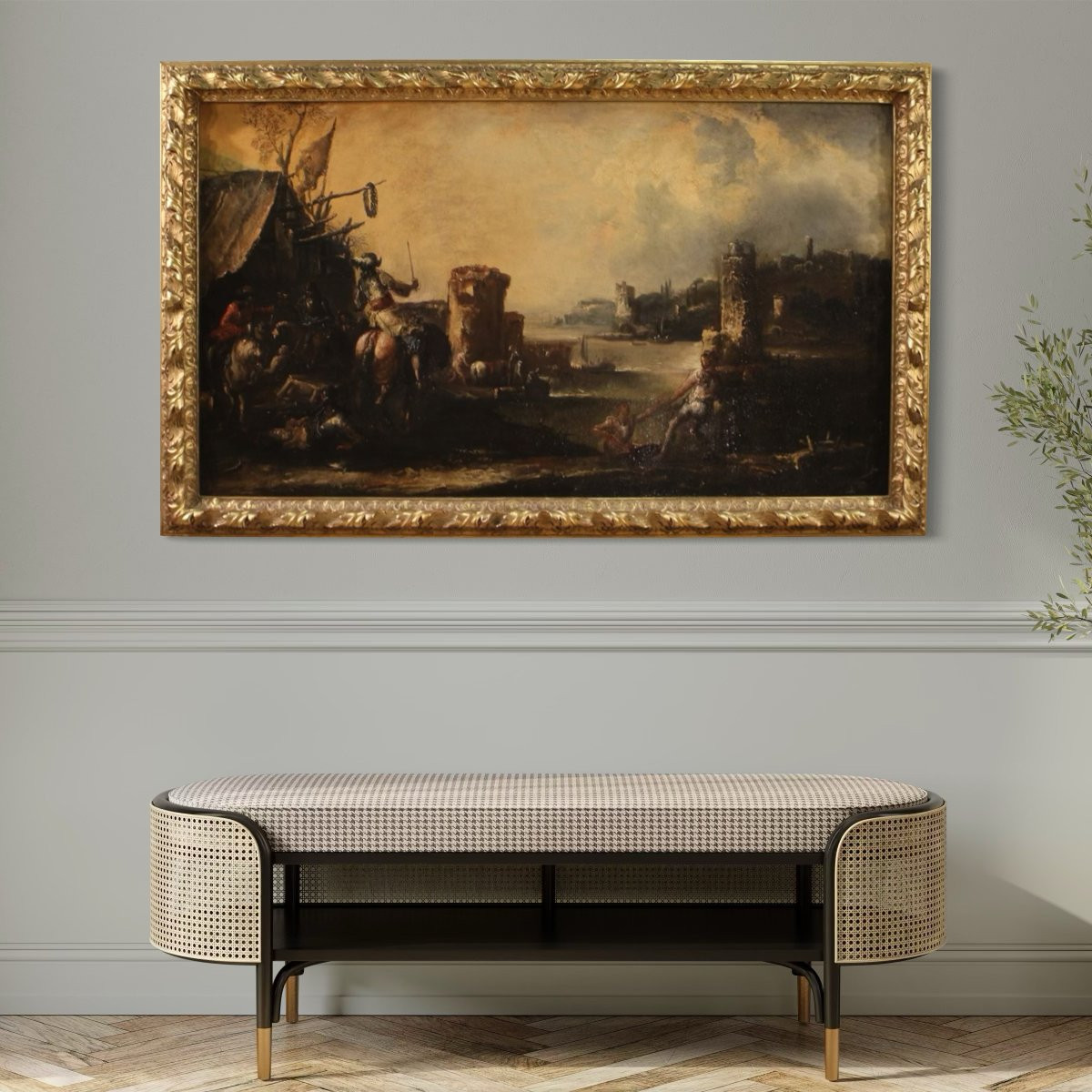 Grande dipinto paesaggio con cavalieri del XVIII secolo-photo-8