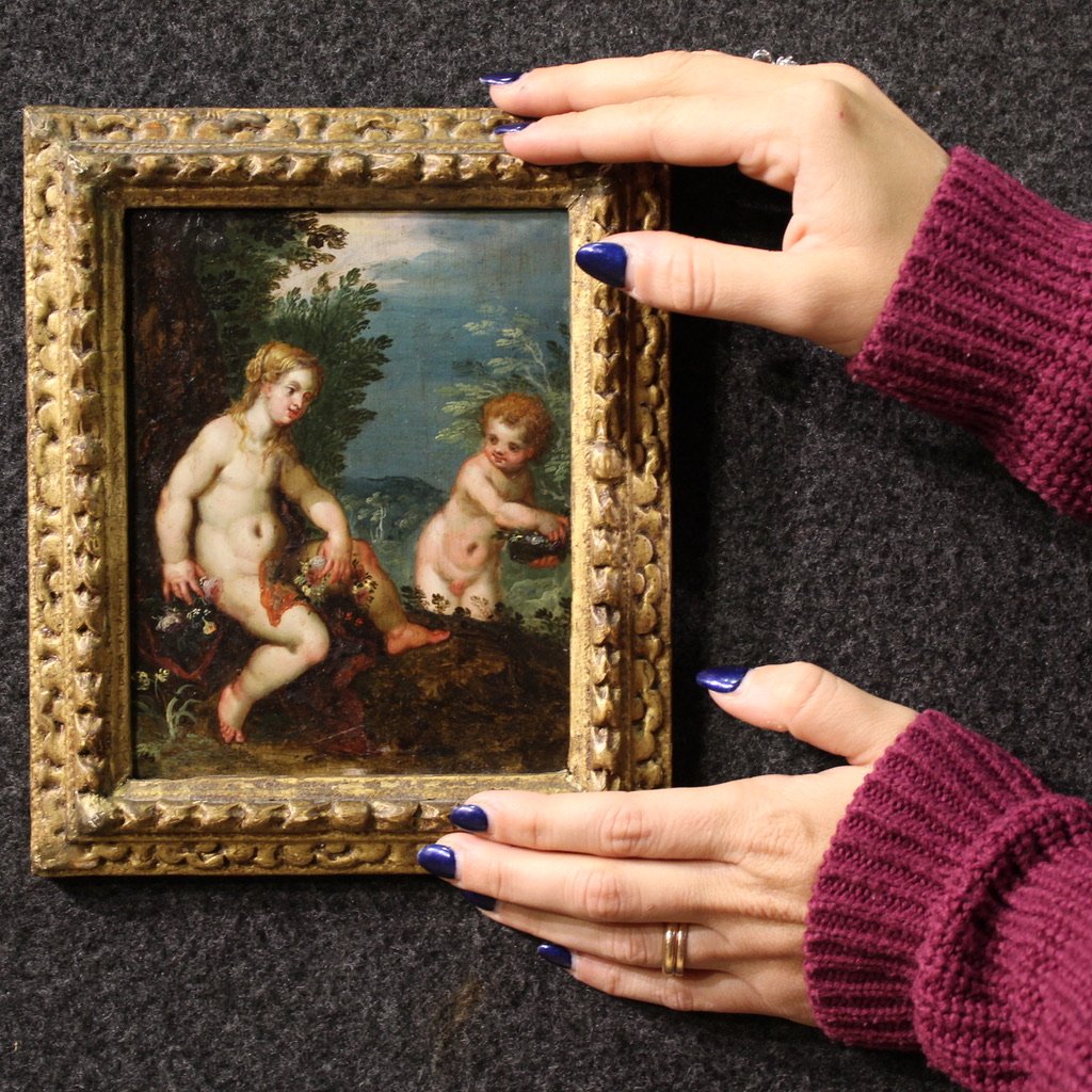 Antico dipinto fiammingo su rame del XVII secolo, scena mitologica-photo-2