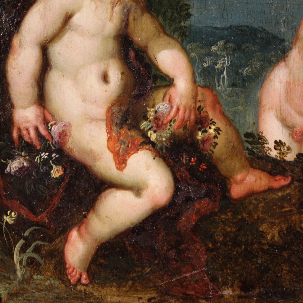 Antico dipinto fiammingo su rame del XVII secolo, scena mitologica-photo-4